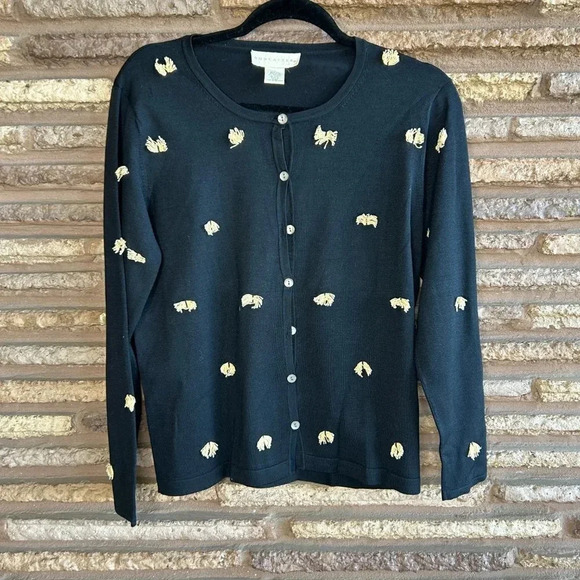 Doncaster Black Tan Fringe Lightweight Silk Blend Cardigan Sweater Size Large - Picture 5 of 5